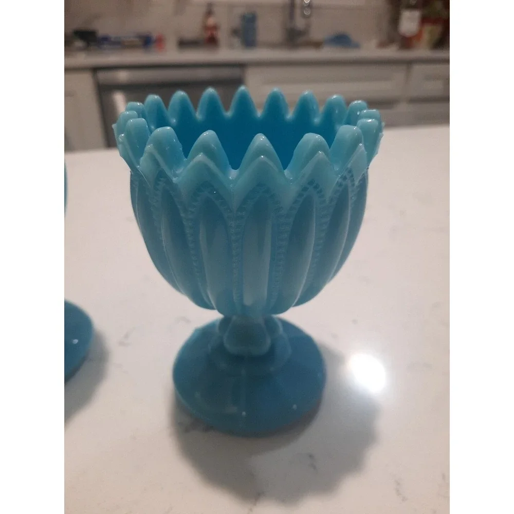 2  1930s PV Portieux Vallerysthal French Blue‎ Opalescent Glass Vase Rib Dot